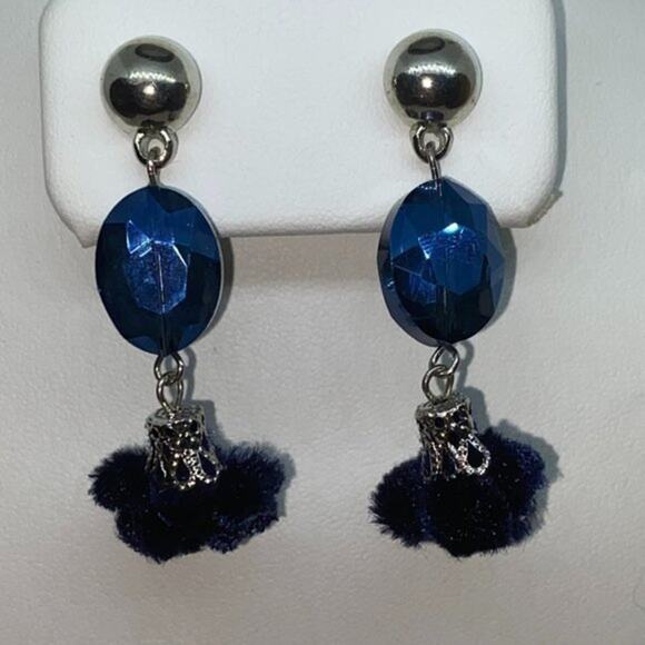 Silver-Tone Blue Beaded & Pom-Pom Dangle Earrings - Picture 3 of 7